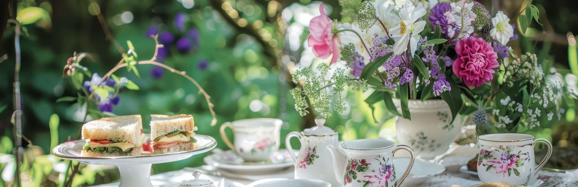 Elegant afternoon tea setup in an English garden with vintage china and floral teapot – perfect setting for the best afternoon tea in Deal Kent.