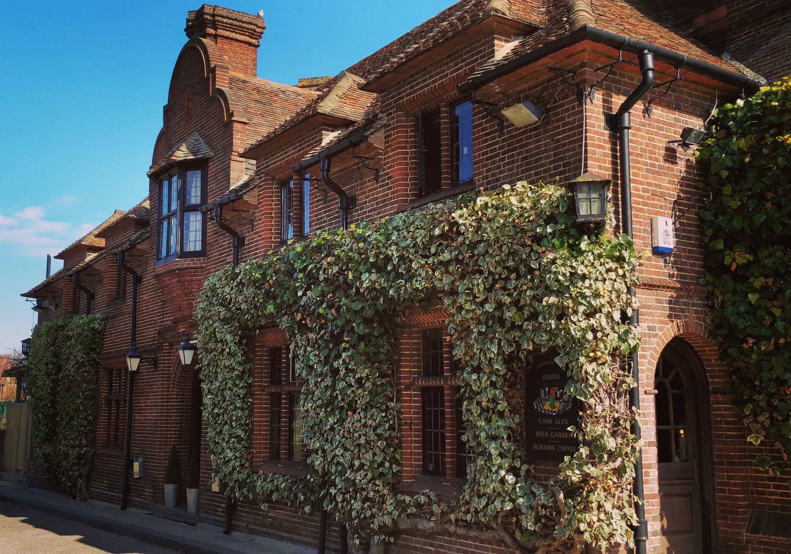 Exterior view of The Fordwich Arms, a Michelin star restaurant in Kent, set beside the River Stour in Britain’s smallest town.