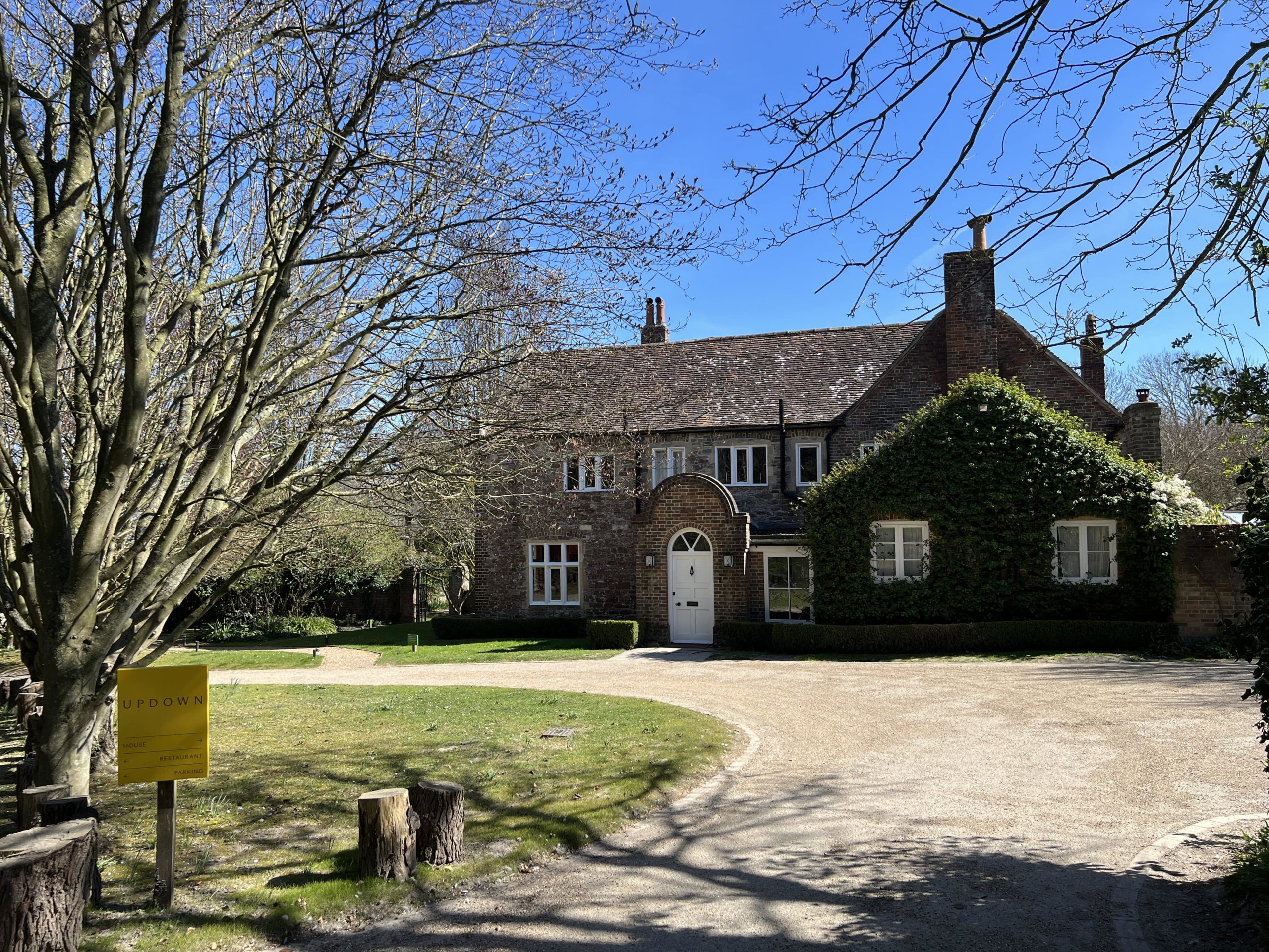 Exterior of Updown Farmhouse restaurant near Deal, Kent, surrounded by countryside gardens
